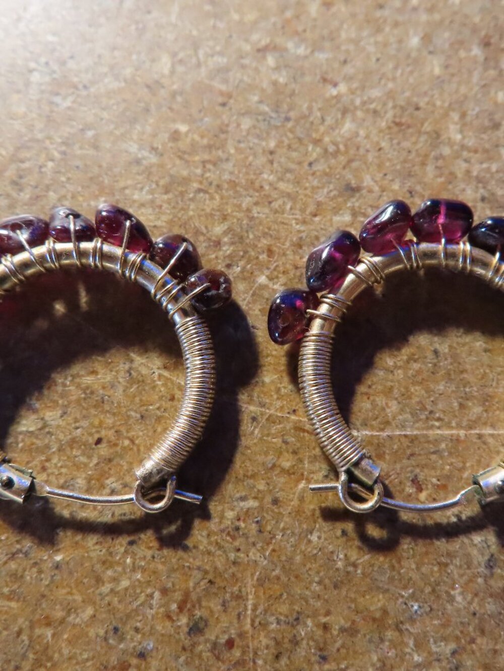 14K YELLOW GOLD FILLED RED GEMSTONES HOOP EARRINGS